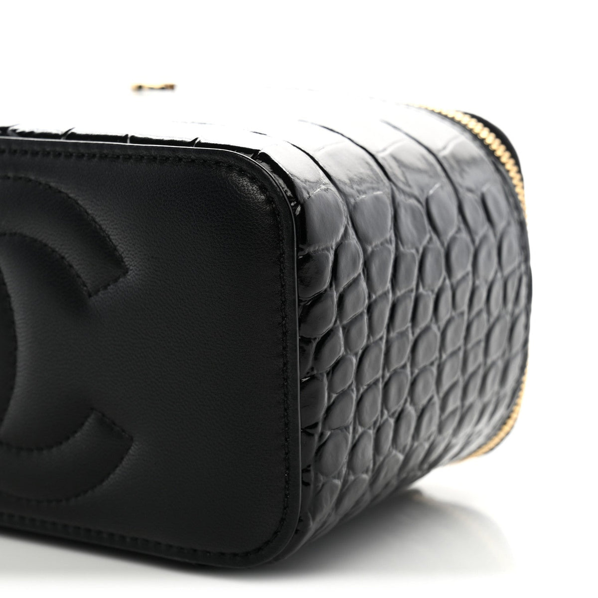 Calfskin Crocodile Embossed Crococo Small Top Handle Vanity Case With Chain Black