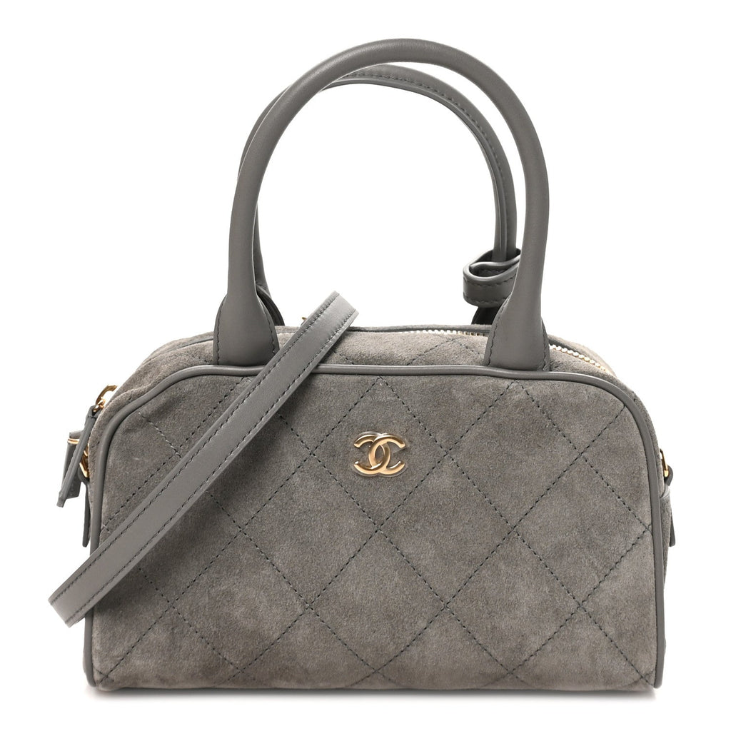 Suede Calfskin Small Perfect Bowling Bag Grey