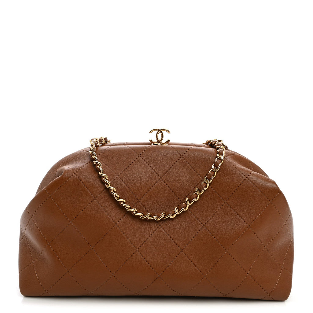 Lambskin Stitched Clutch With Chain Brown