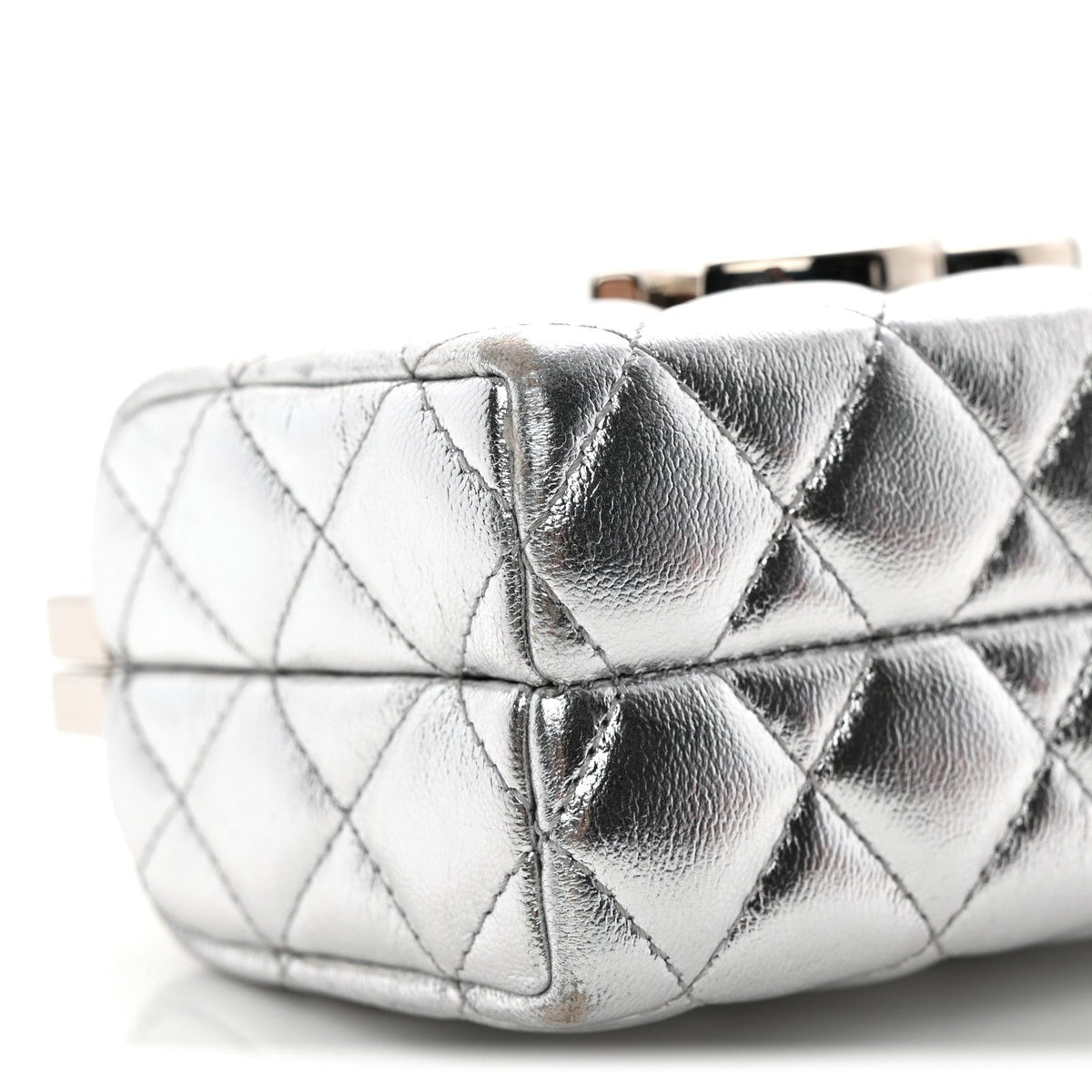 Metallic Calfskin Quilted Box Crossbody Silver