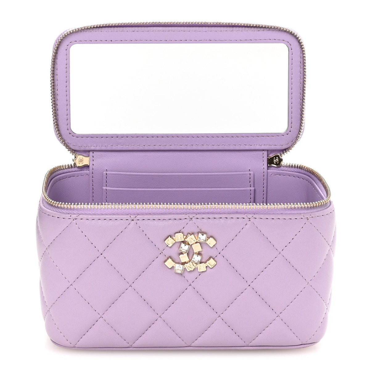 Lambskin Quilted Baguette Crystal Top Handle Vanity Case With Chain Purple