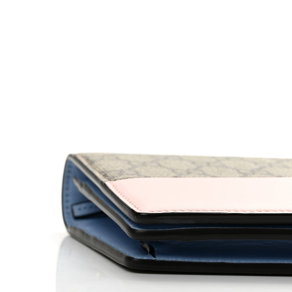 GG Supreme Monogram Textured Dollar Calfskin Mini GG Marmont Chain Wallet Light Pink Blue Beige