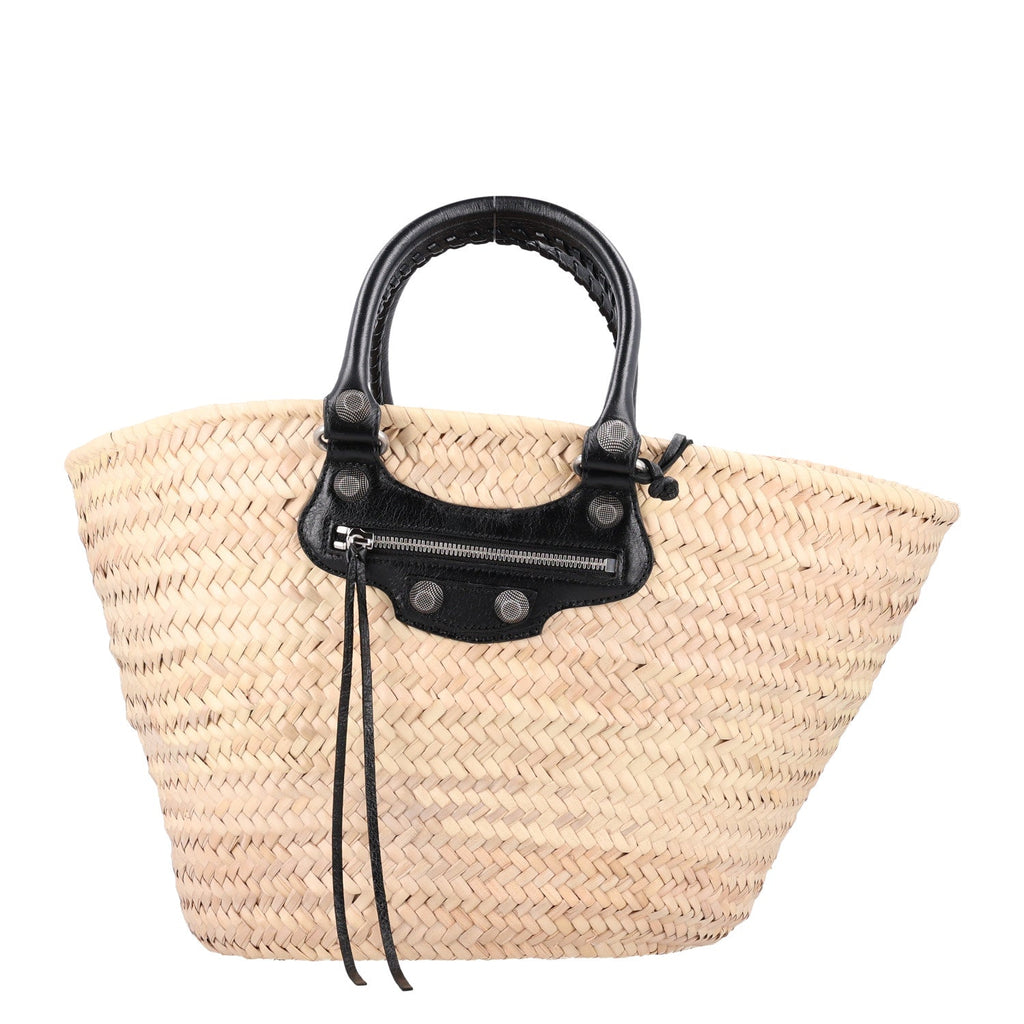 Raffia Woven Medium Le Cagole Tote Bag Black Natural
