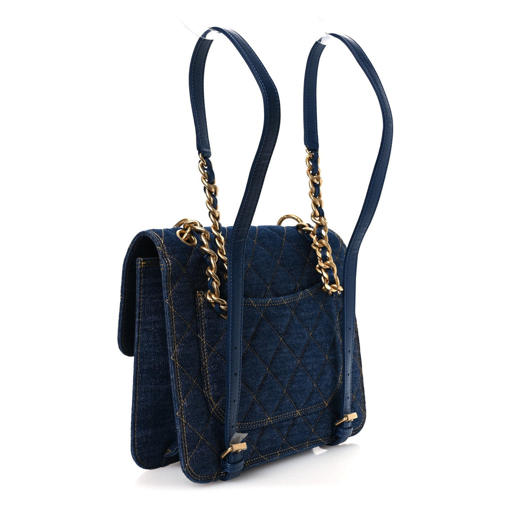 Denim Quilted Double You Backpack Blue Golden