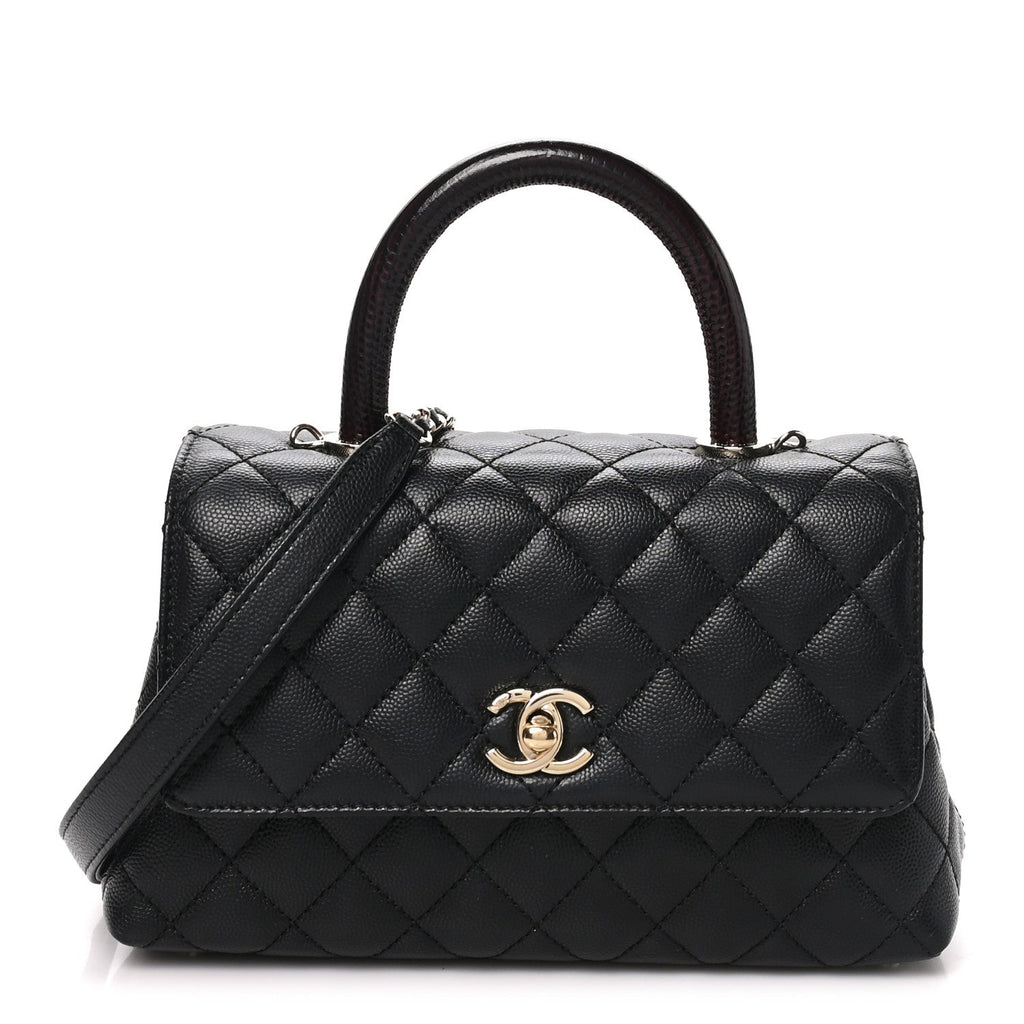 Caviar Quilted Lizard Embossed Mini Coco Handle Flap  Black