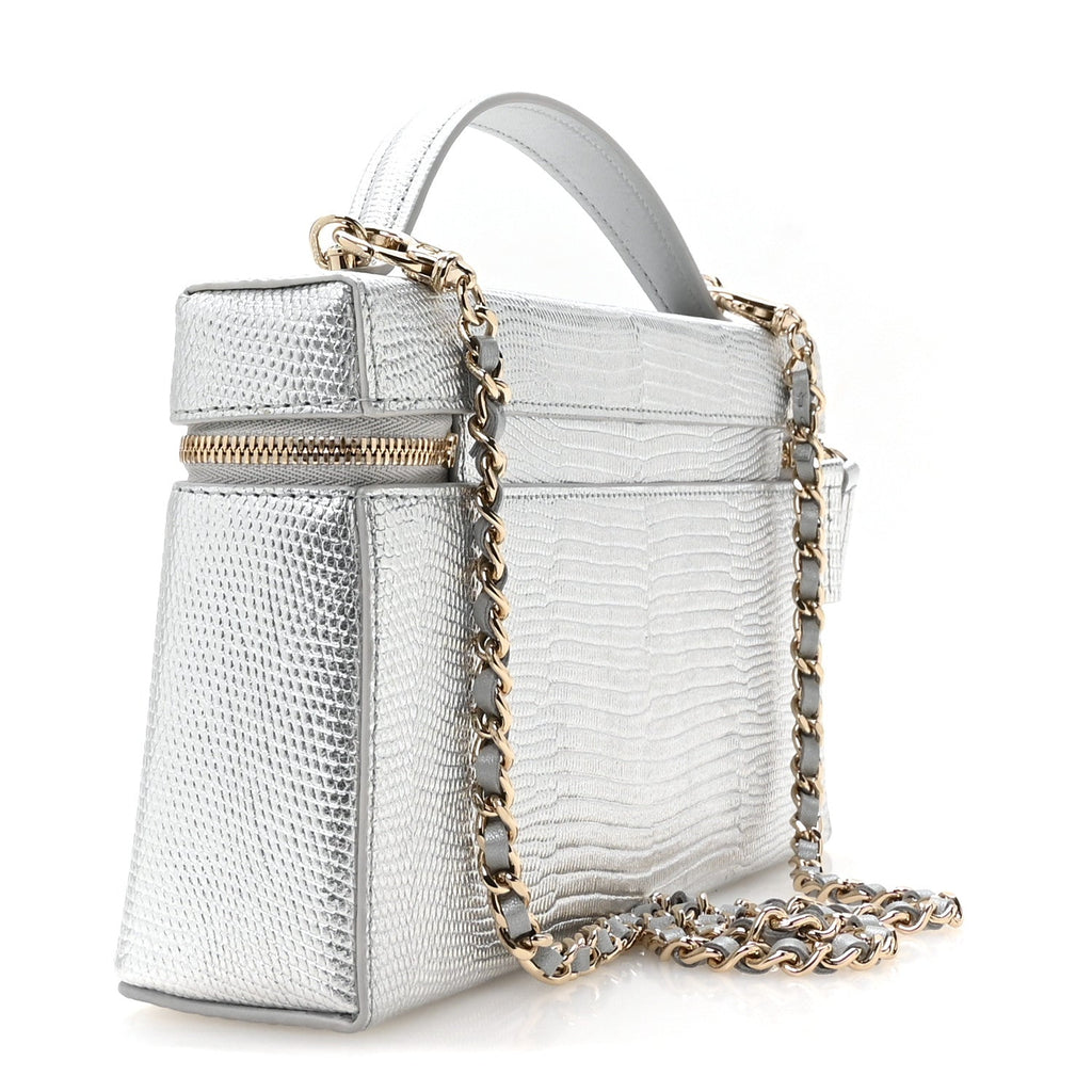 Lizard Embossed Calfskin Exoticoco Long Vanity With Chain Silvery