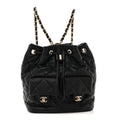 Calfskin Quilted Double Pocket Drawstring Backpack Black