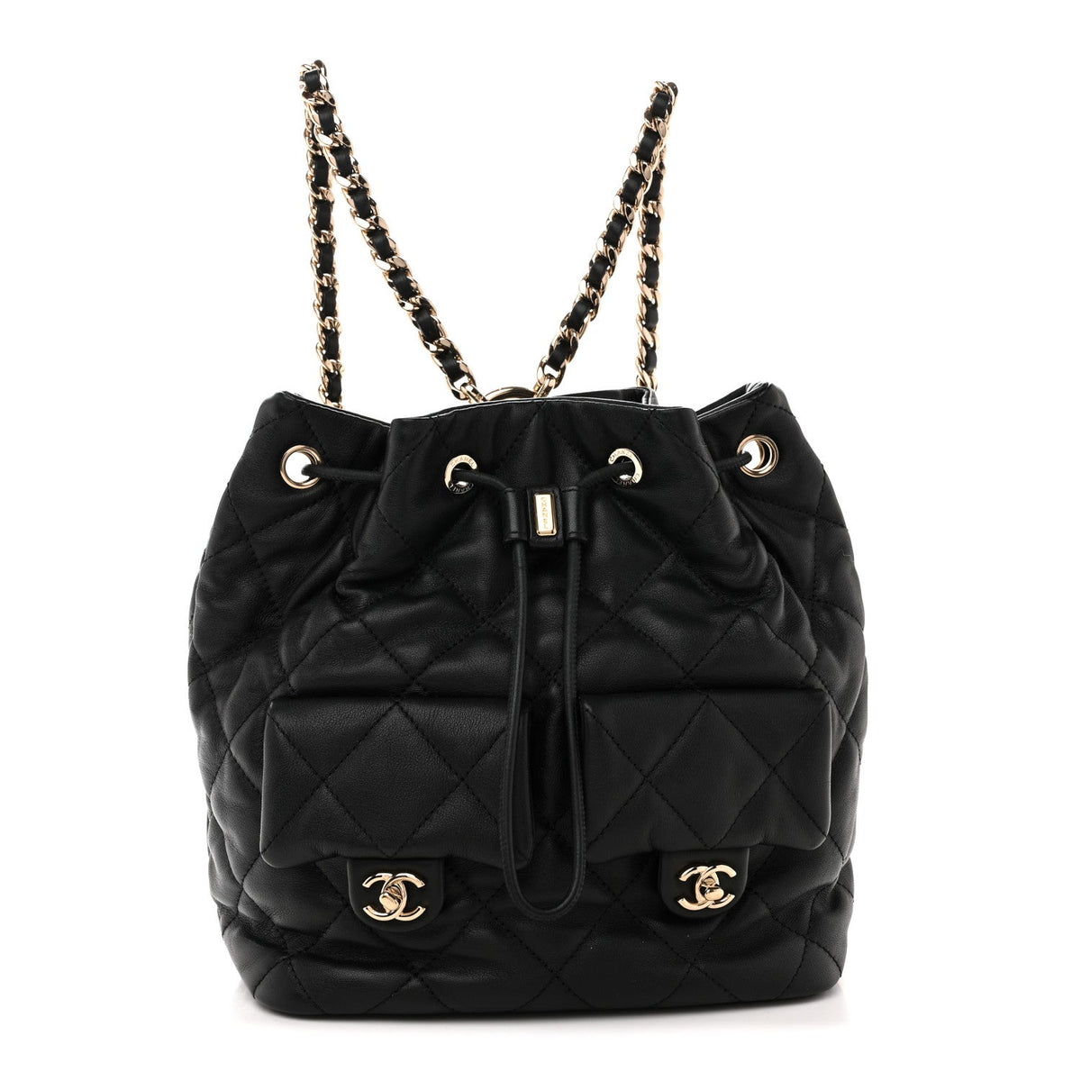 Calfskin Quilted Double Pocket Drawstring Backpack Black