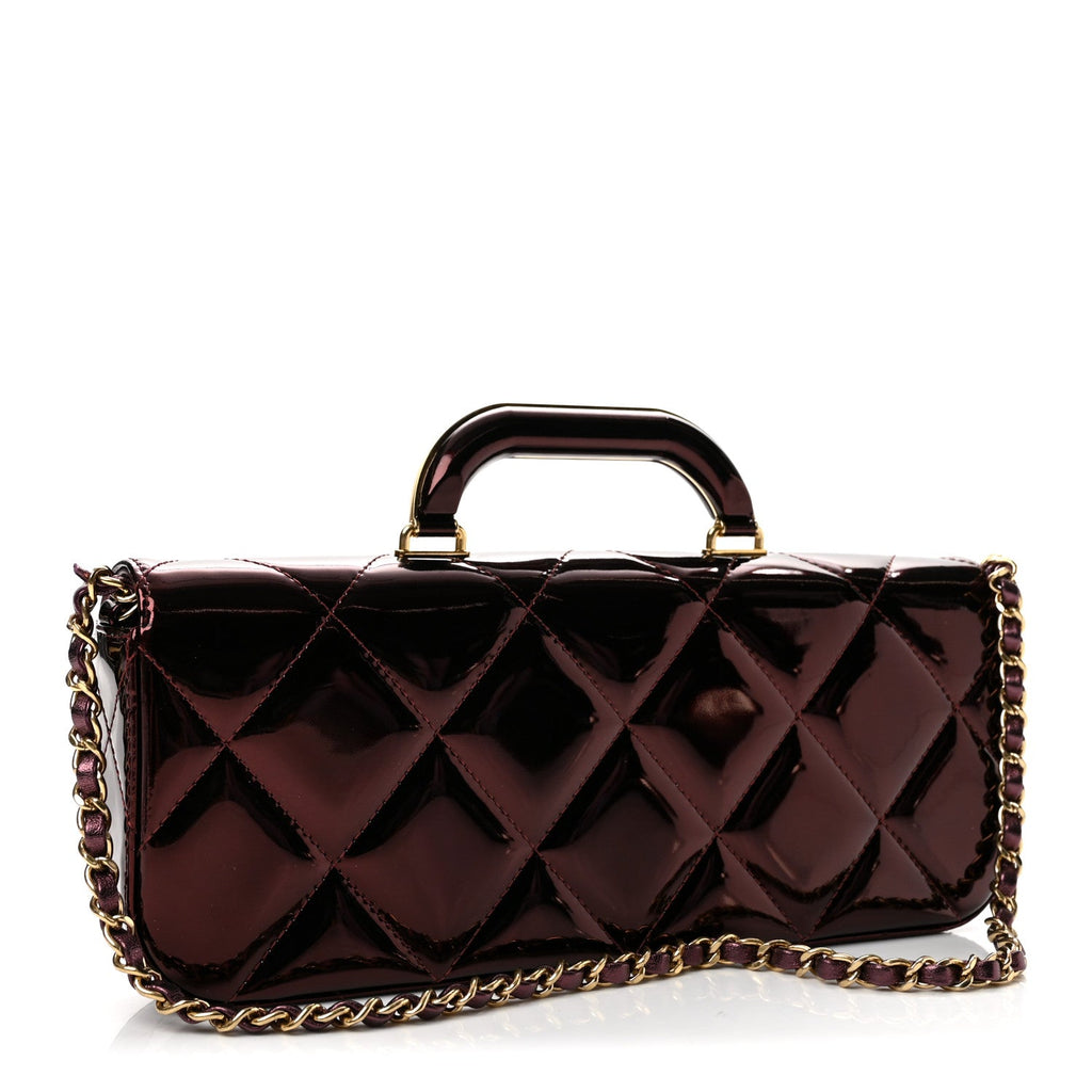 Metallic Mirror Calfskin Large Top Handle Clutch With Chain  Burgundy