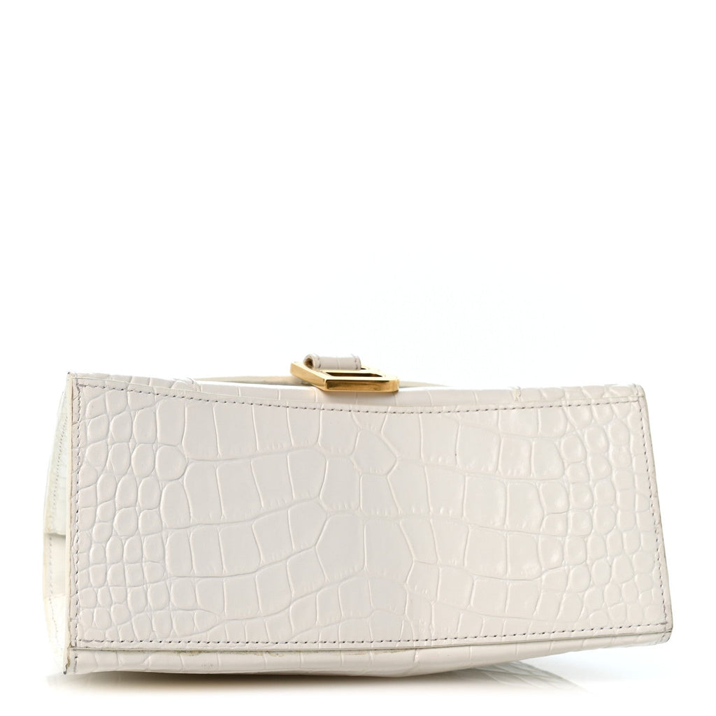 Calfskin Crocodile Embossed Small Hourglass Top Handle Bag White