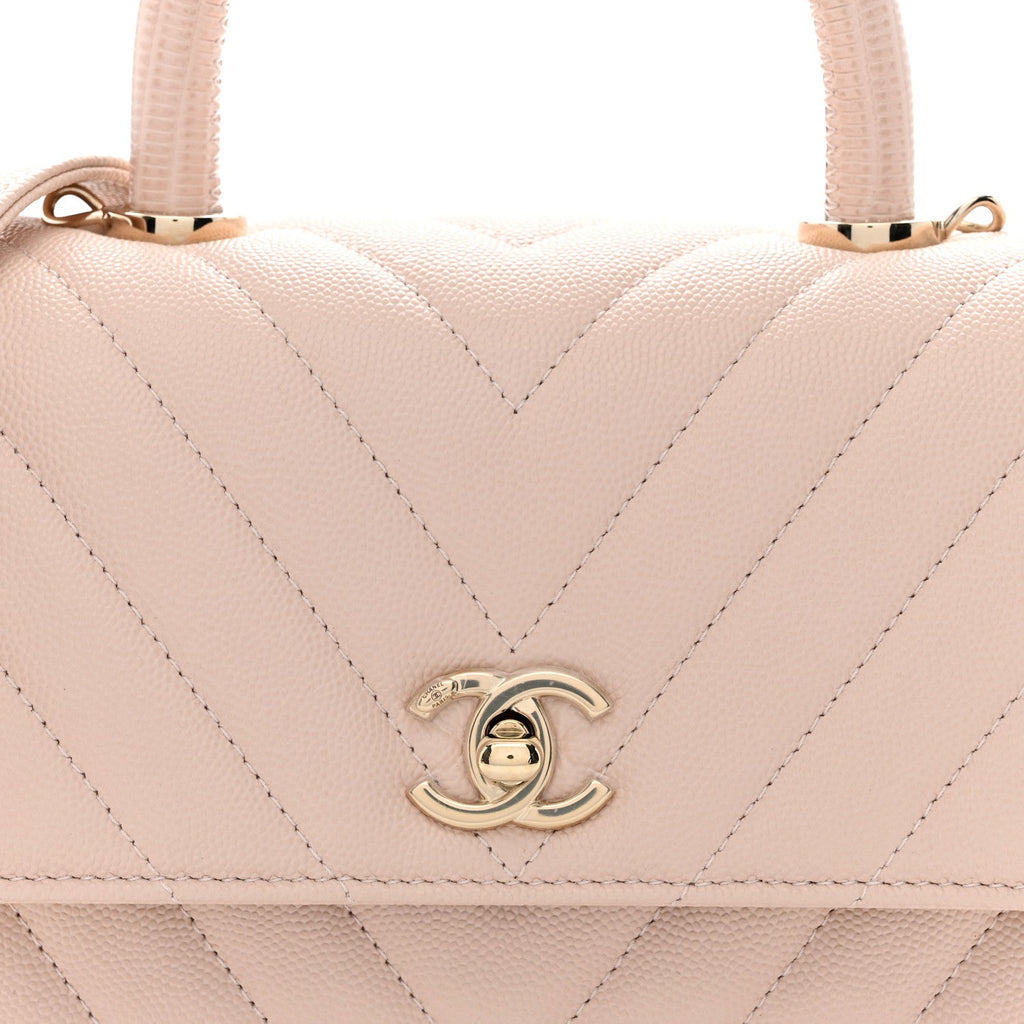 Caviar Lizard Embossed Chevron Quilted Mini Coco Handle Flap Beige