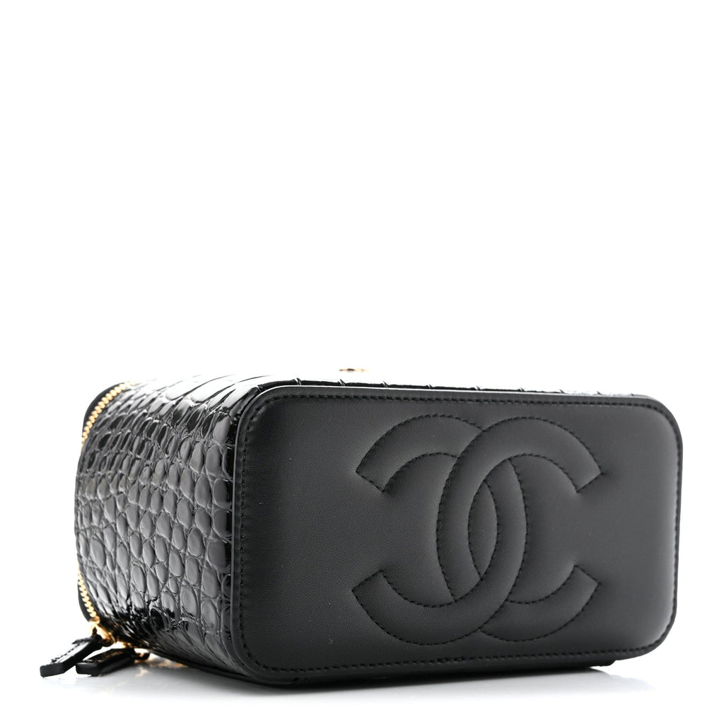 Calfskin Crocodile Embossed Crococo Small Top Handle Vanity Case With Chain Black