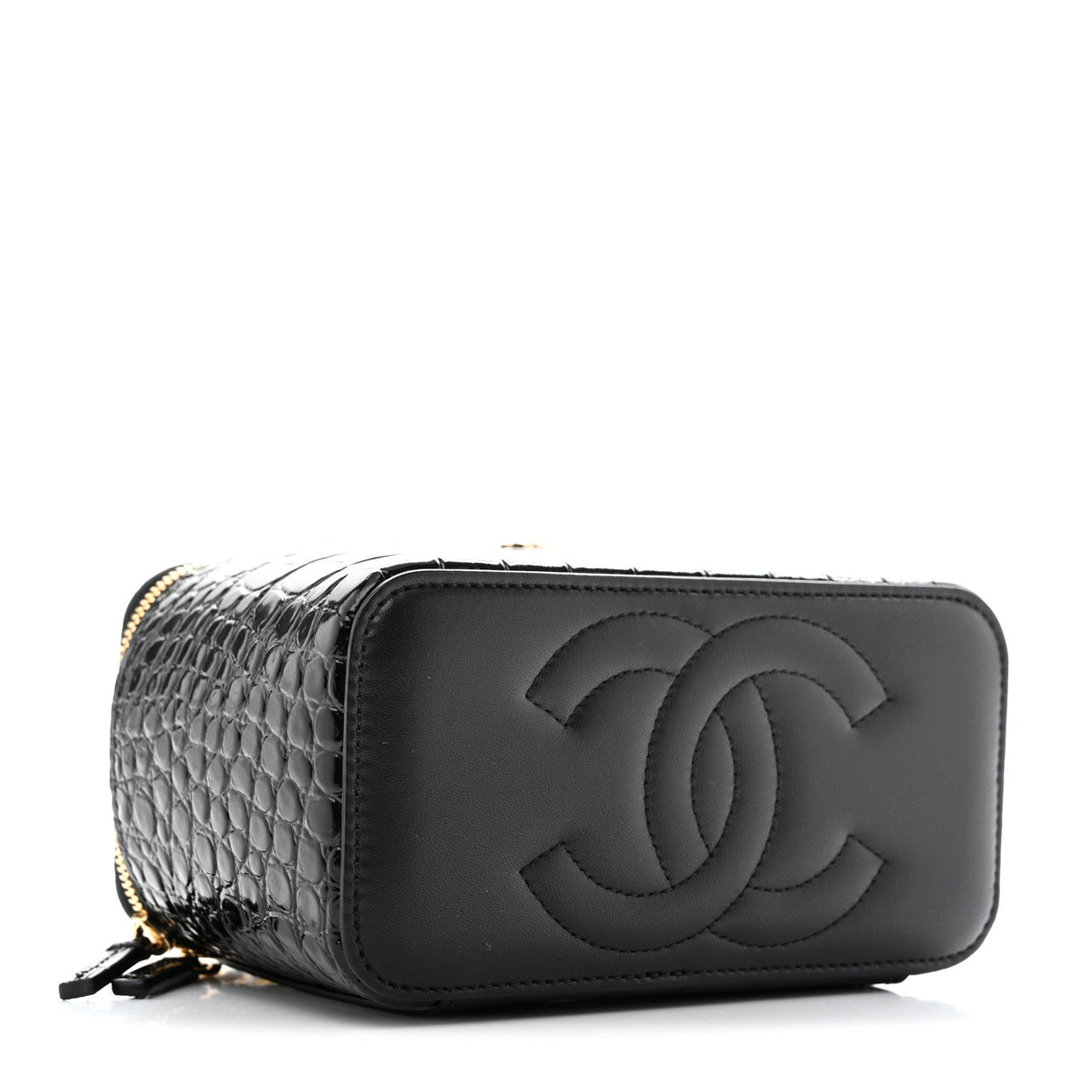 Calfskin Crocodile Embossed Crococo Small Top Handle Vanity Case With Chain Black