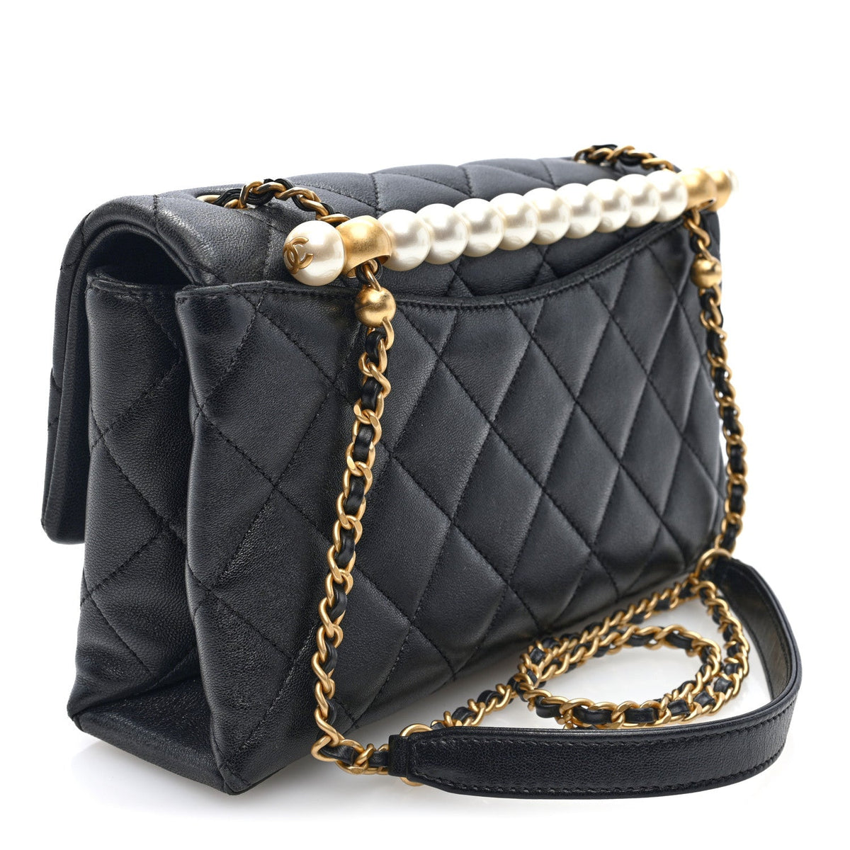 Lambskin Quilted Pearl Handle Flap Black