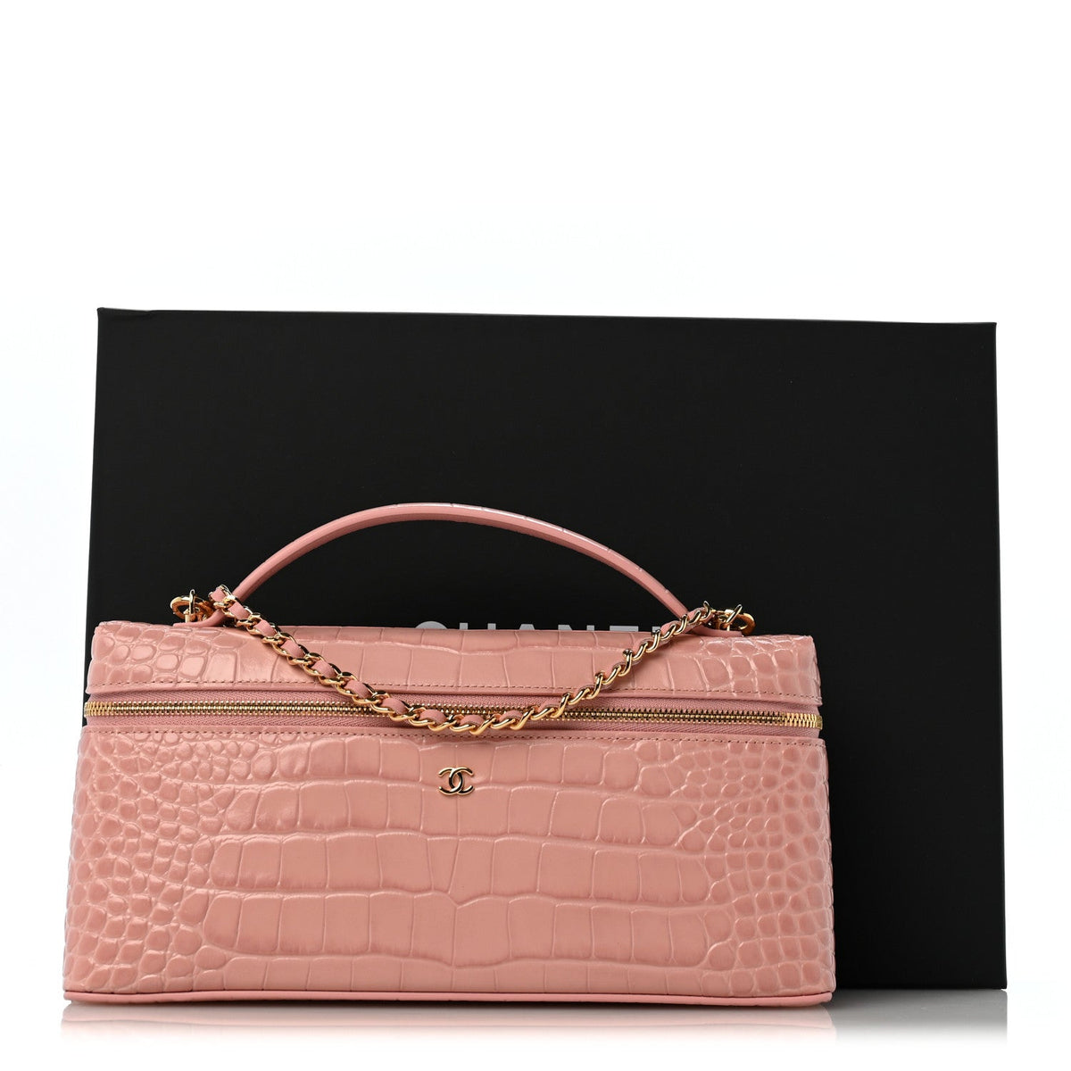 Calfskin Crocodile Embossed Crococo Exoticoco Long Vanity Case With Chain Pink