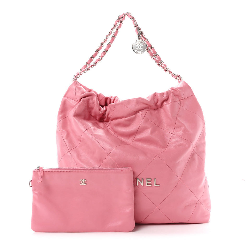 Shiny Calfskin Quilted Chanel 22 Drawstring Bag Pink
