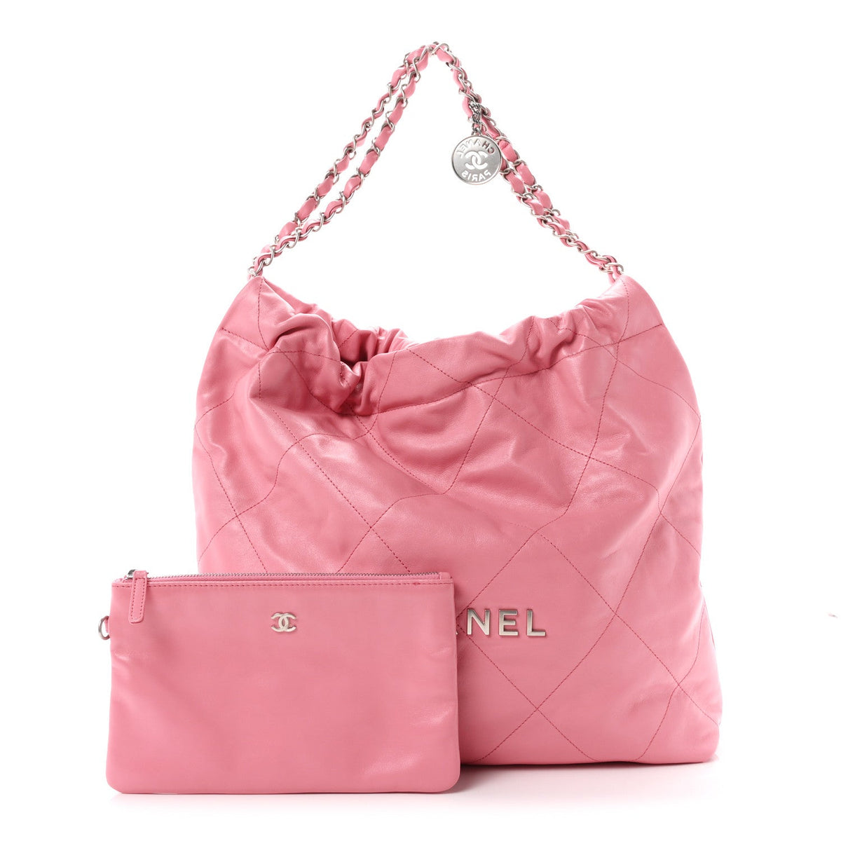 Shiny Calfskin Quilted Chanel 22 Drawstring Bag Pink