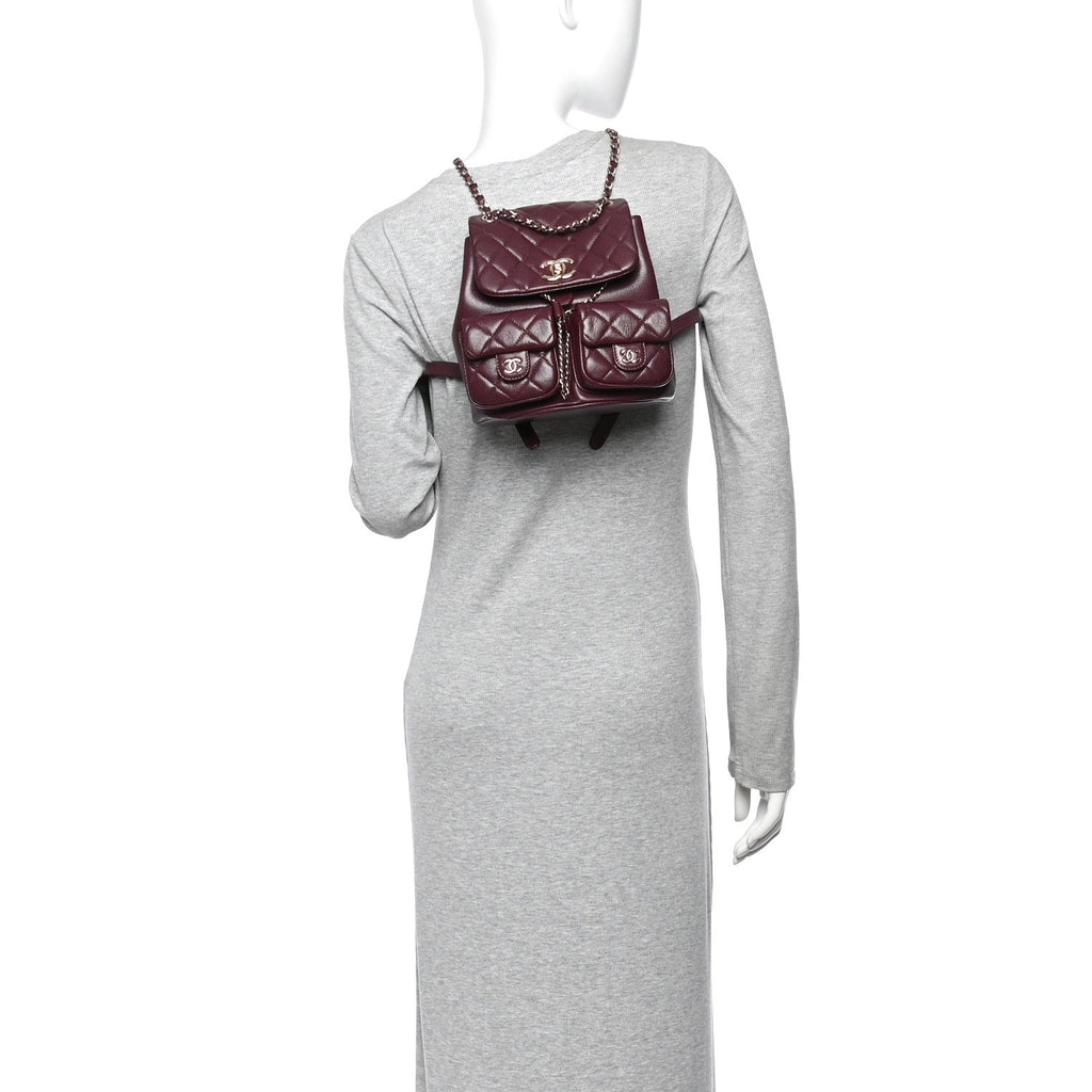 Shiny Caviar Quilted Medium Duma Pockets Drawstring Backpack Dark Burgundy