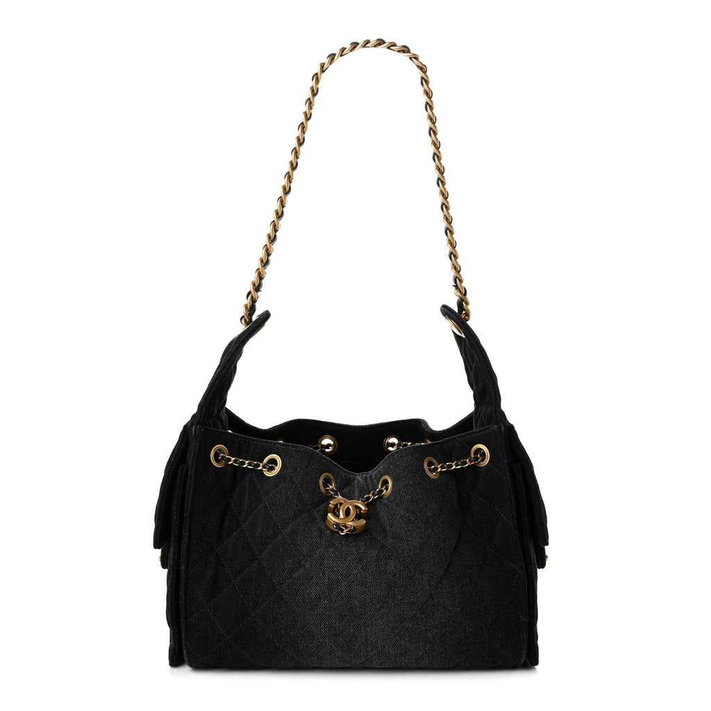 Washed Denim Quilted Small Chanel 25 Handbag Black