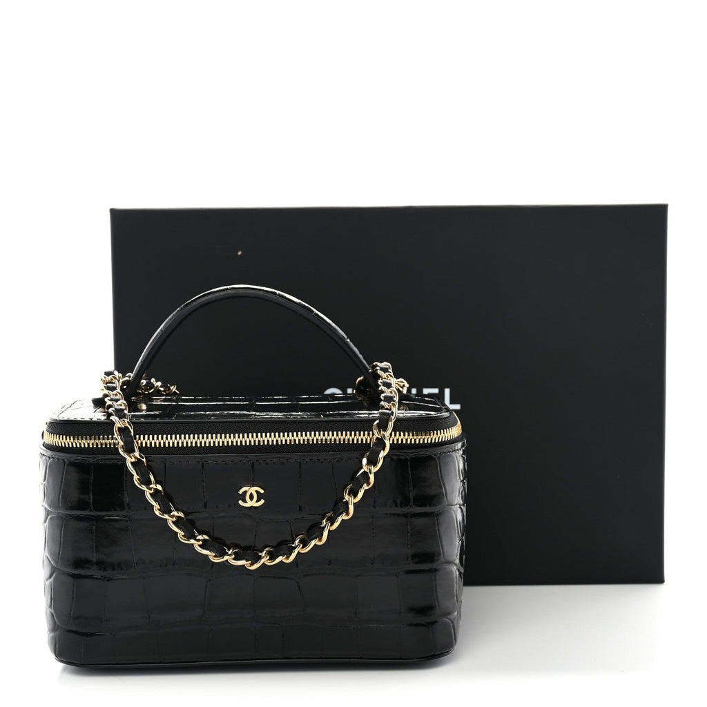 Calfskin Crocodile Embossed Crococo Small Top Handle Vanity Case With Chain Black