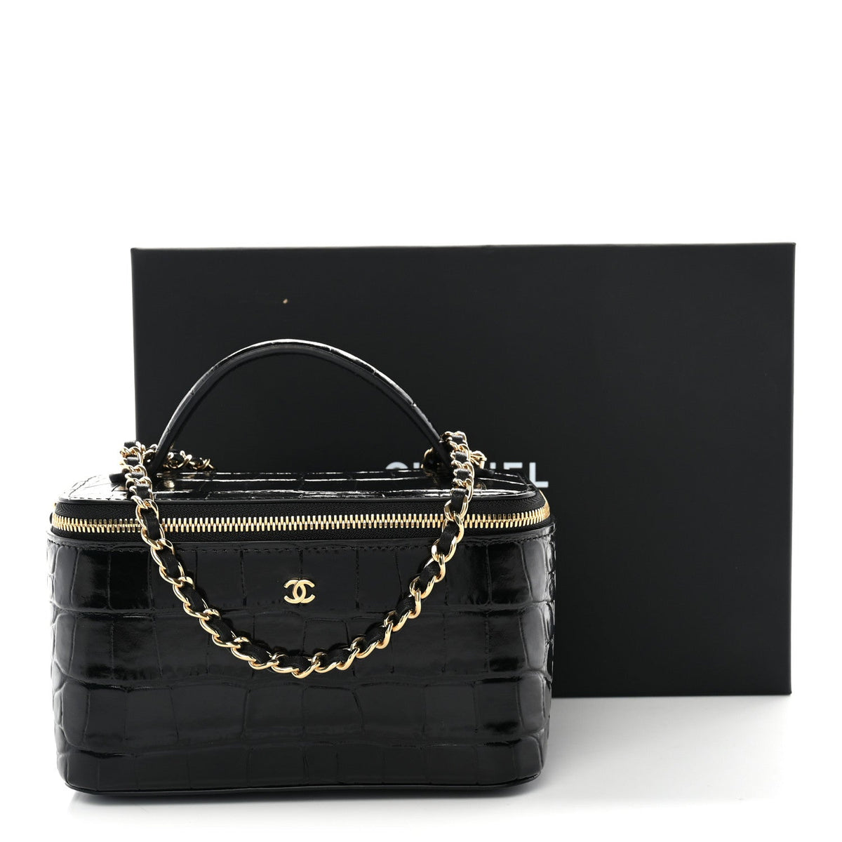 Calfskin Crocodile Embossed Crococo Small Top Handle Vanity Case With Chain Black