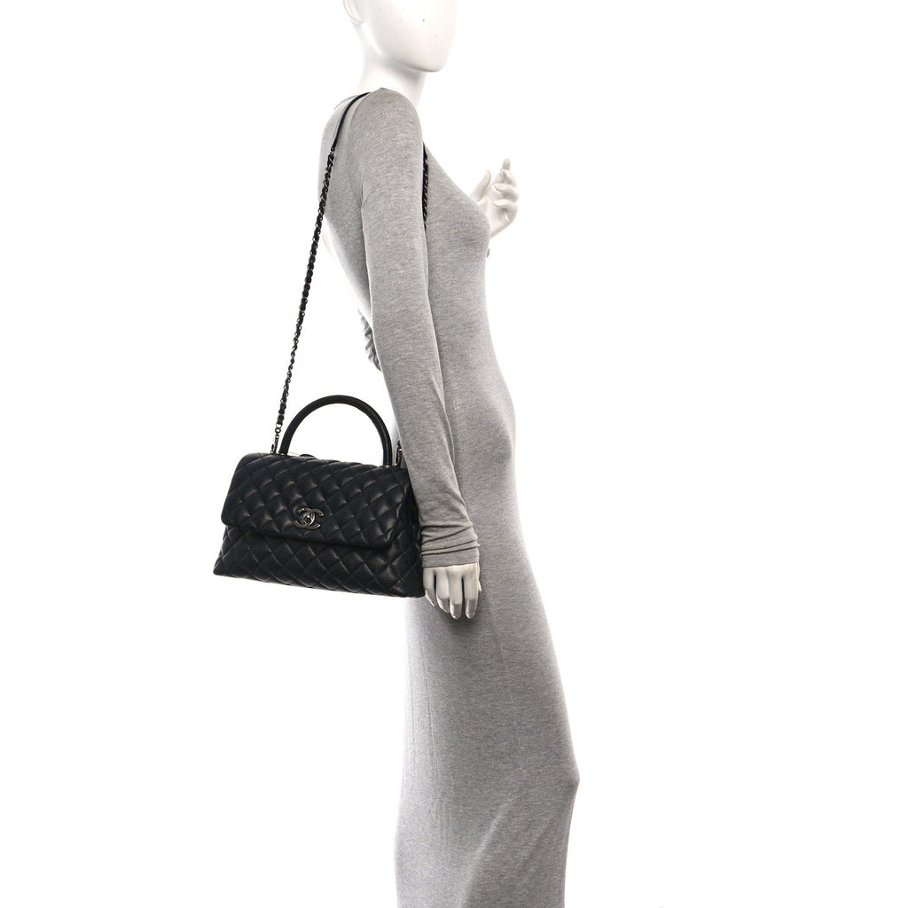 Caviar Lizard Embossed Quilted Small Coco Handle Flap Black