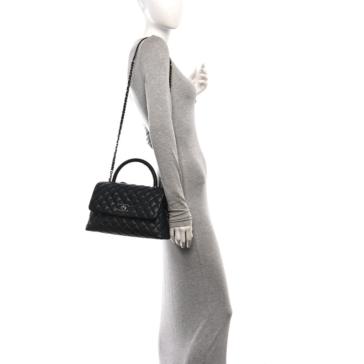 Caviar Lizard Embossed Quilted Small Coco Handle Flap Black