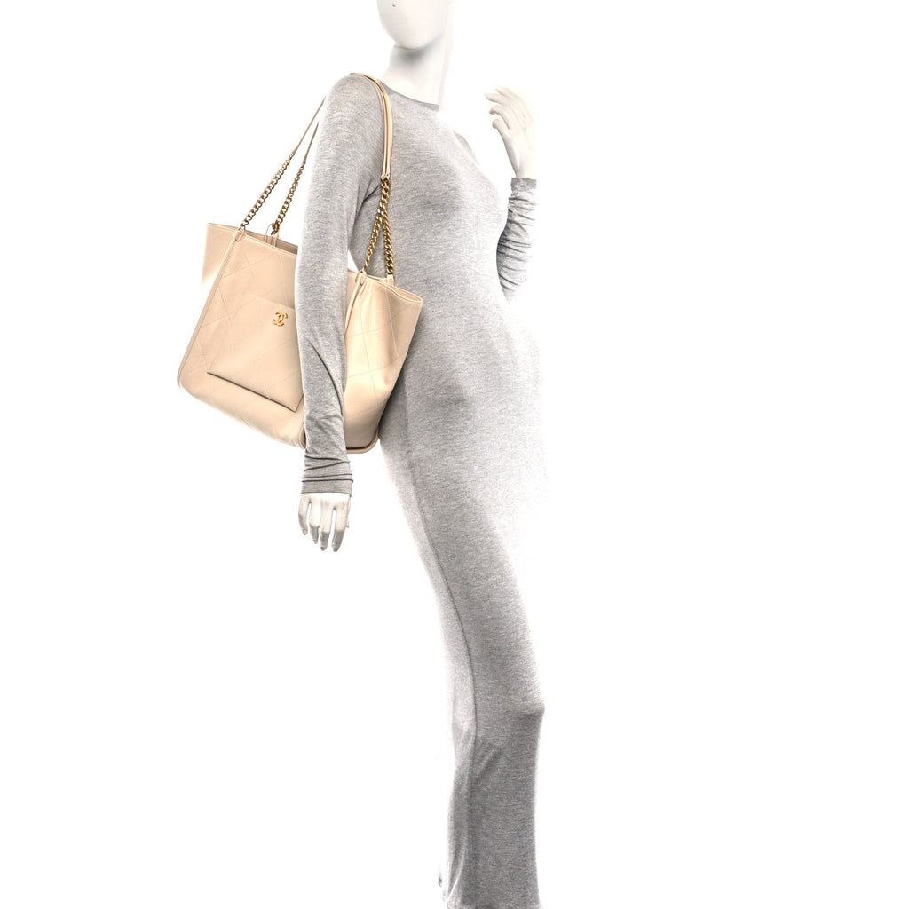 Caviar Stitched Pocket CC Large Tote Light Beige