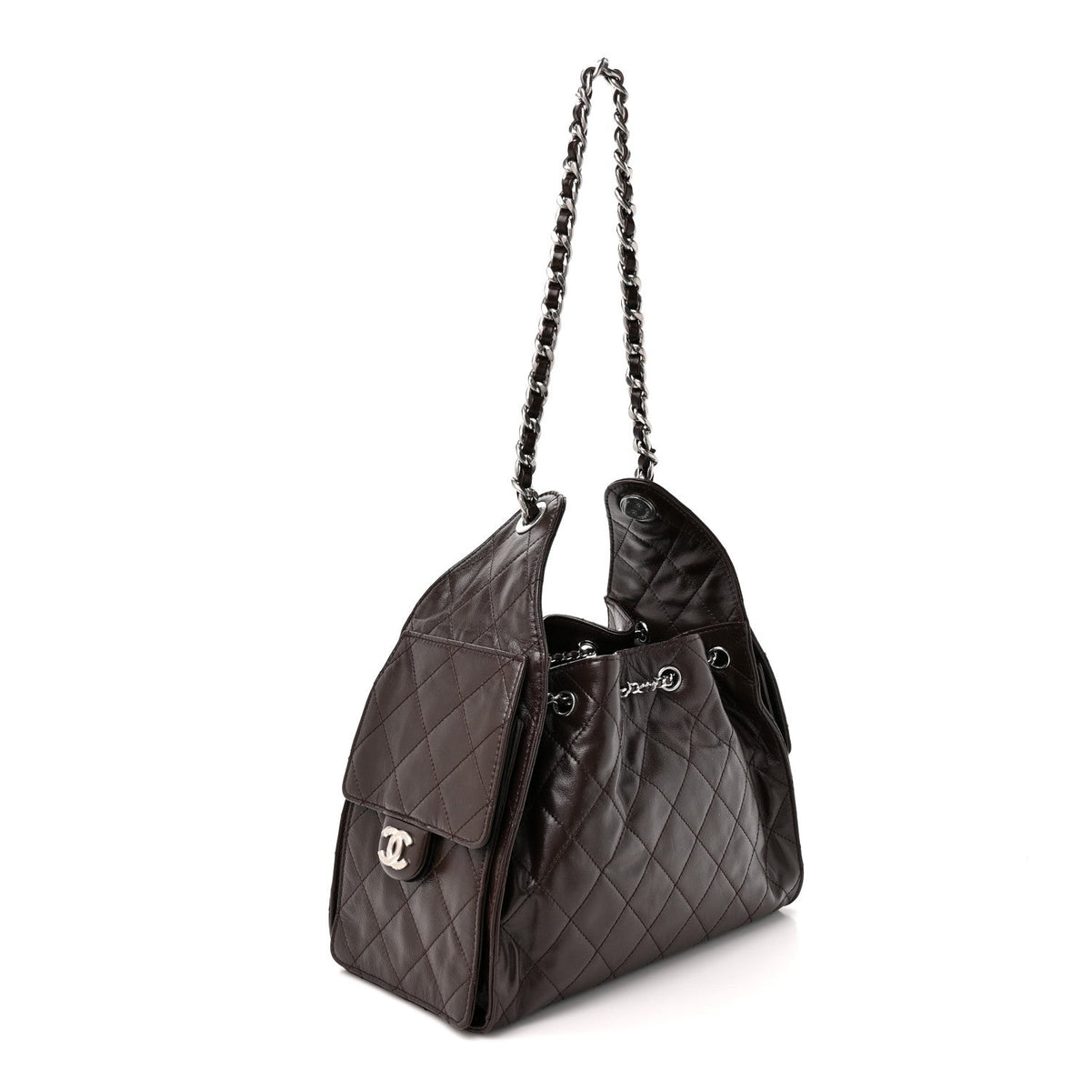 Shiny Crumpled Calfskin Quilted Small Chanel 25 Handbag Dark Brown