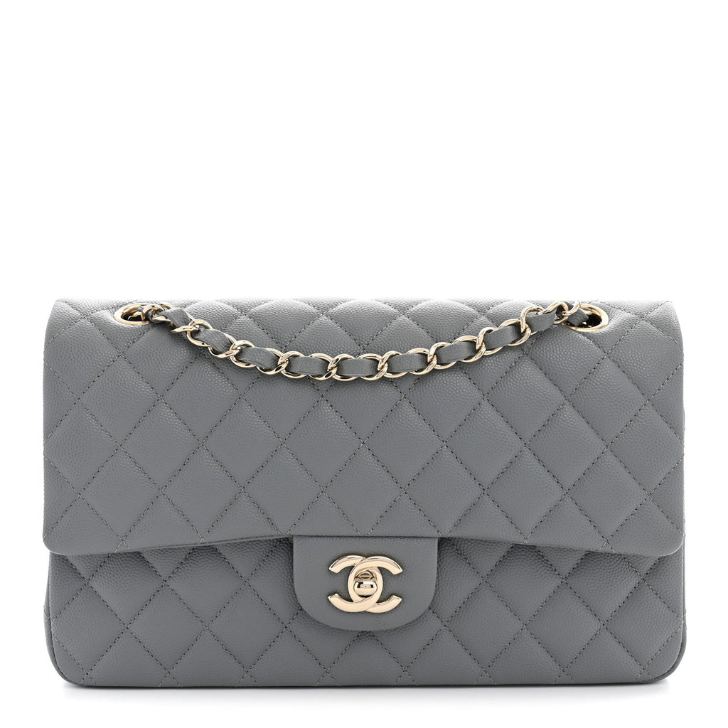 Caviar Quilted Medium Double Flap Grey