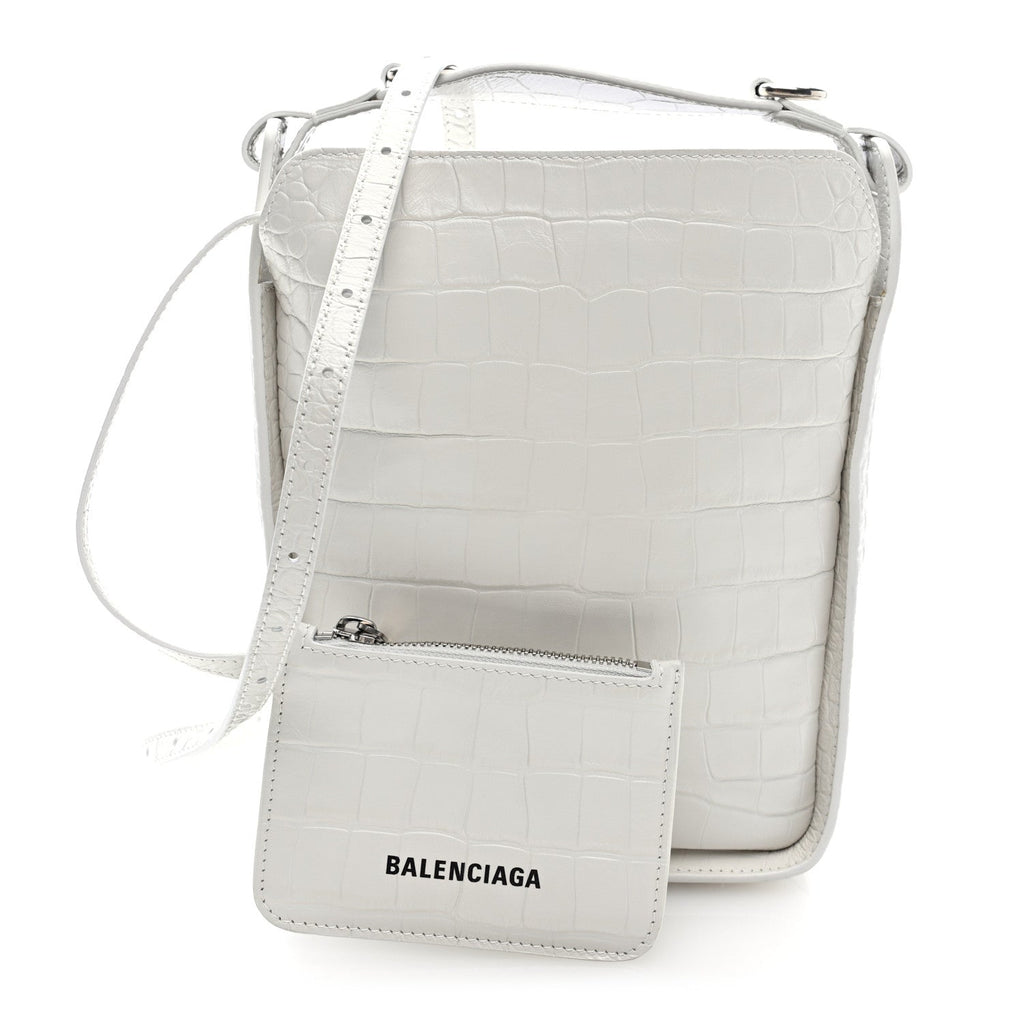 Calfskin Logo Crocodile Embossed XS Tool 2.0 North-South Tote White Black