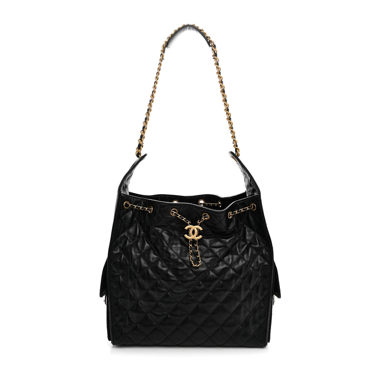 Shiny Crumpled Calfskin Quilted Medium Chanel 25 Handbag Black