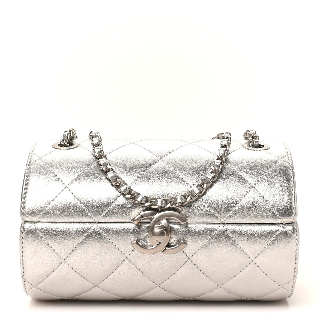 Metallic Lambskin Quilted Barrel Crossbody Bag Silver