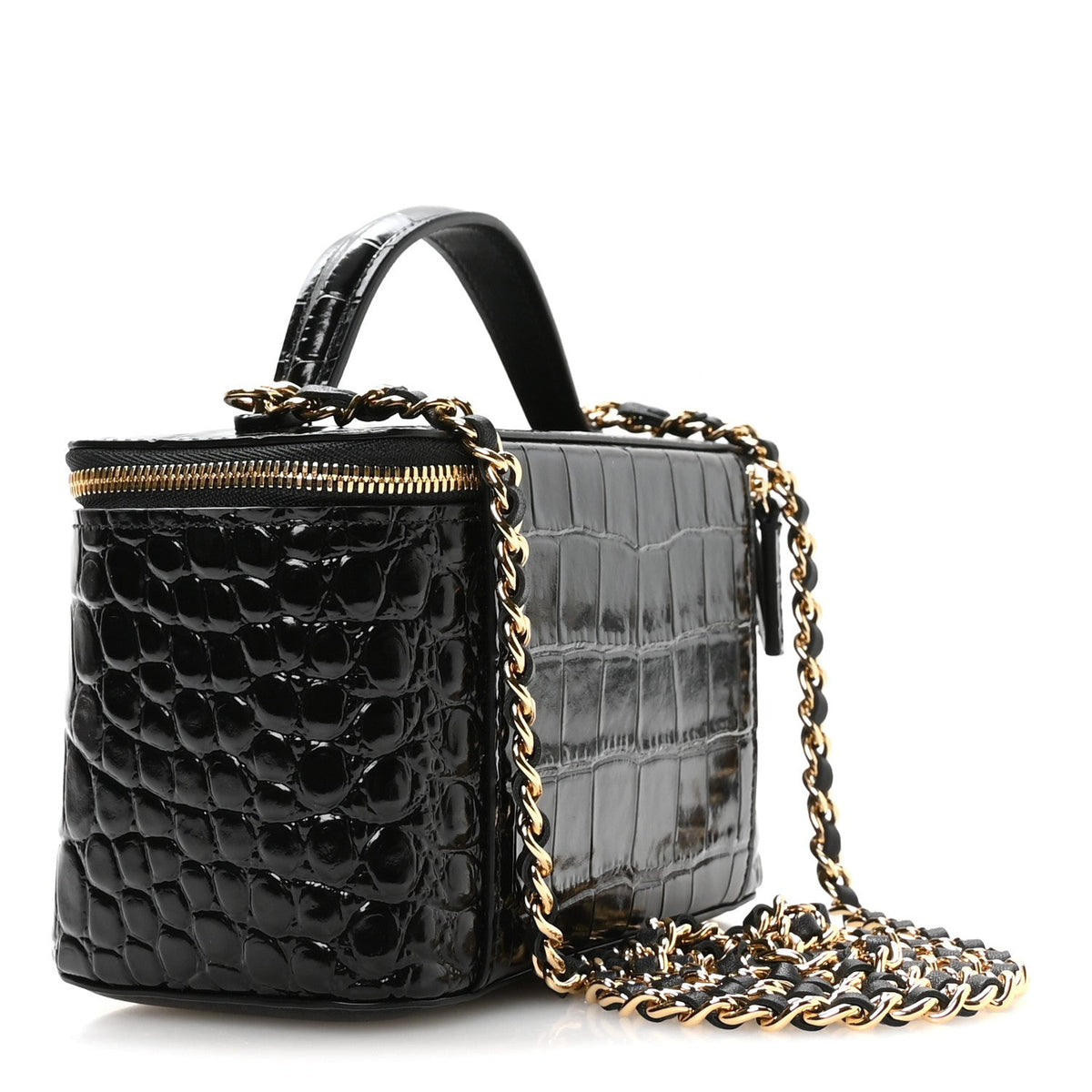 Calfskin Crocodile Embossed Crococo Small Top Handle Vanity Case With Chain Black