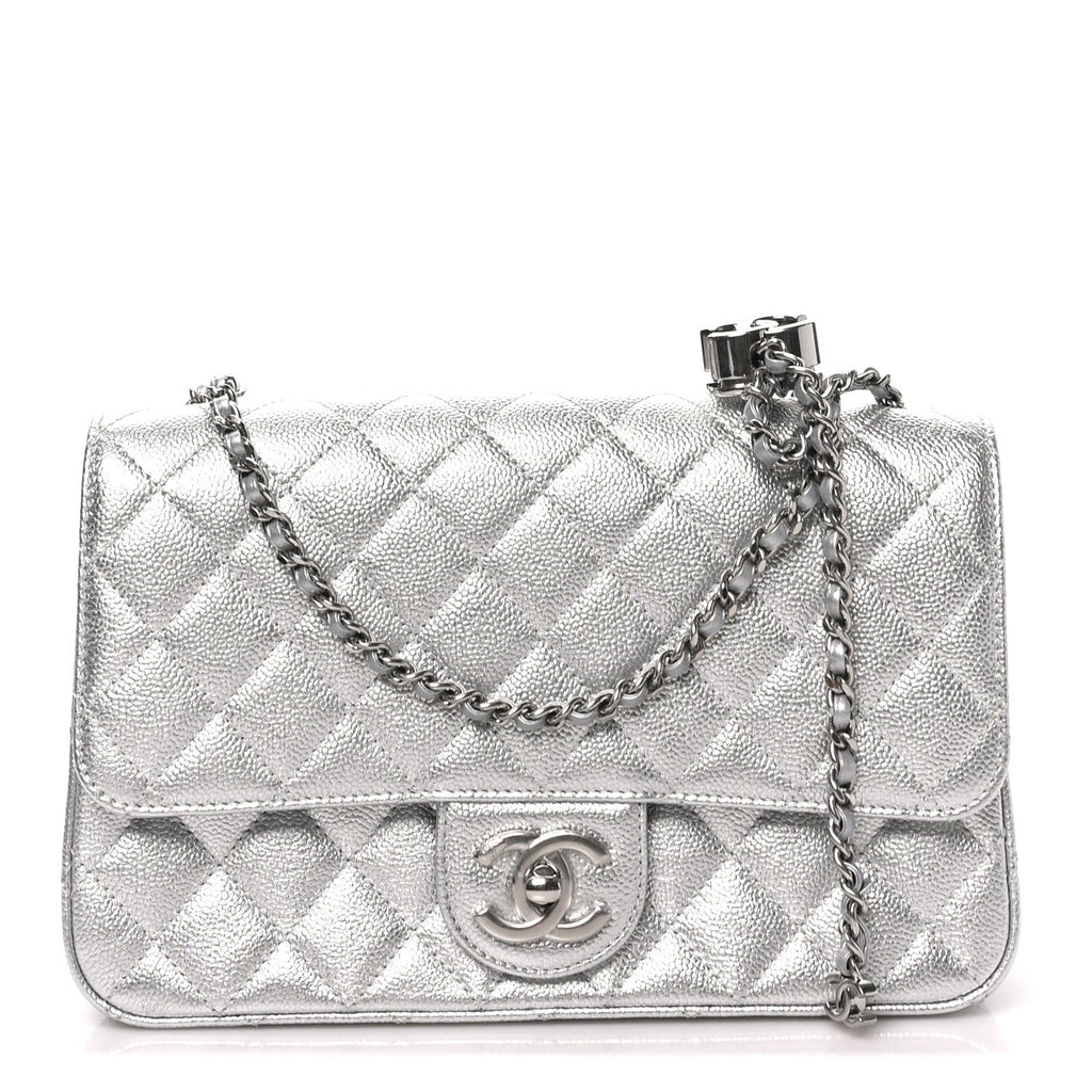 Metallic Caviar Quilted Medium CC Slide Flap Silver