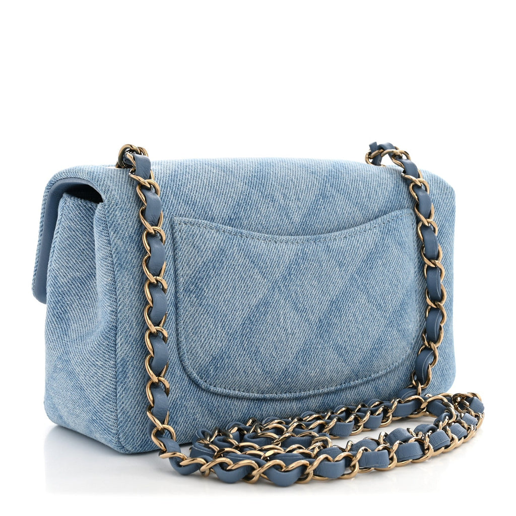 Printed Denim Quilted Mini Rectangular Flap Light Blue