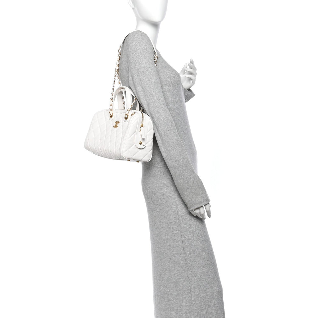 Caviar Quilted Large Bowling Bag White