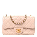 Lambskin Quilted Mini Rectangular Pearl Crush Flap Beige