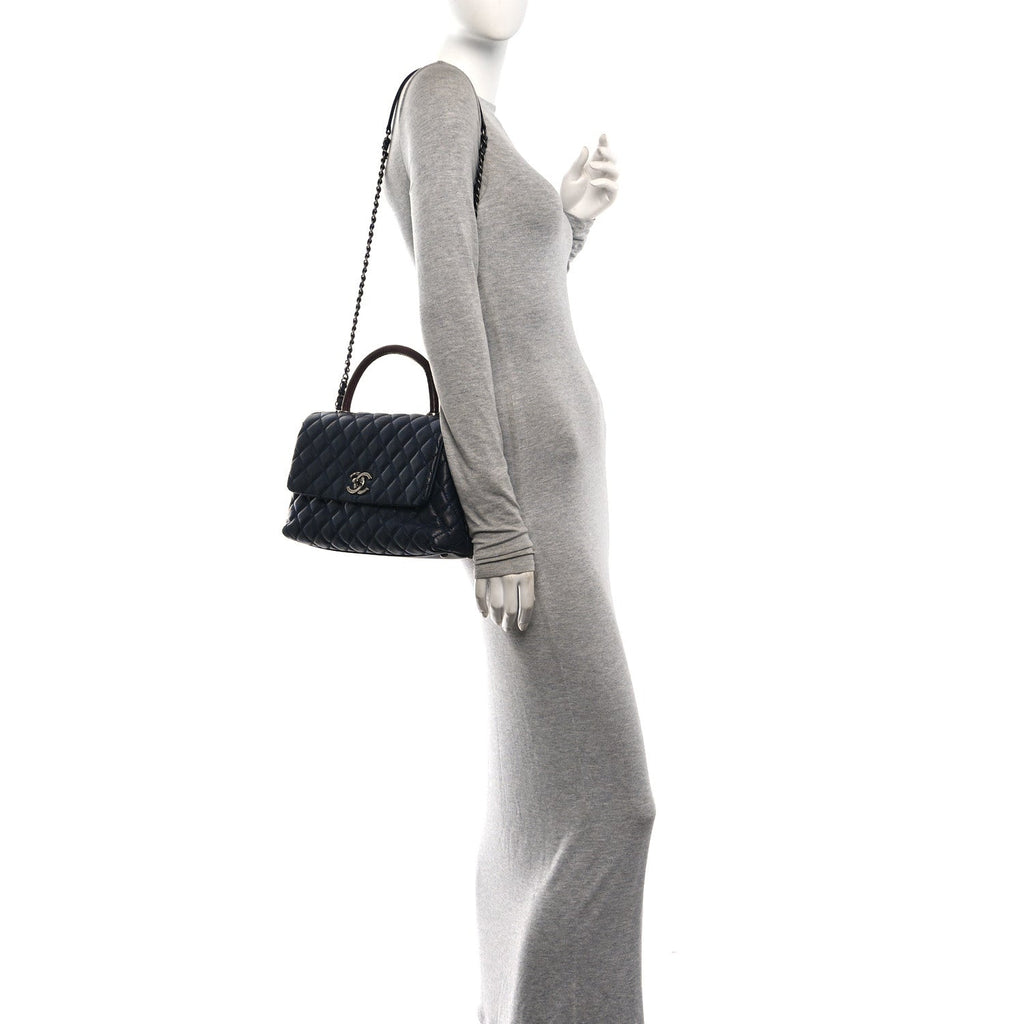 Caviar Lizard Embossed Quilted Small Coco Handle Flap Navy Blue