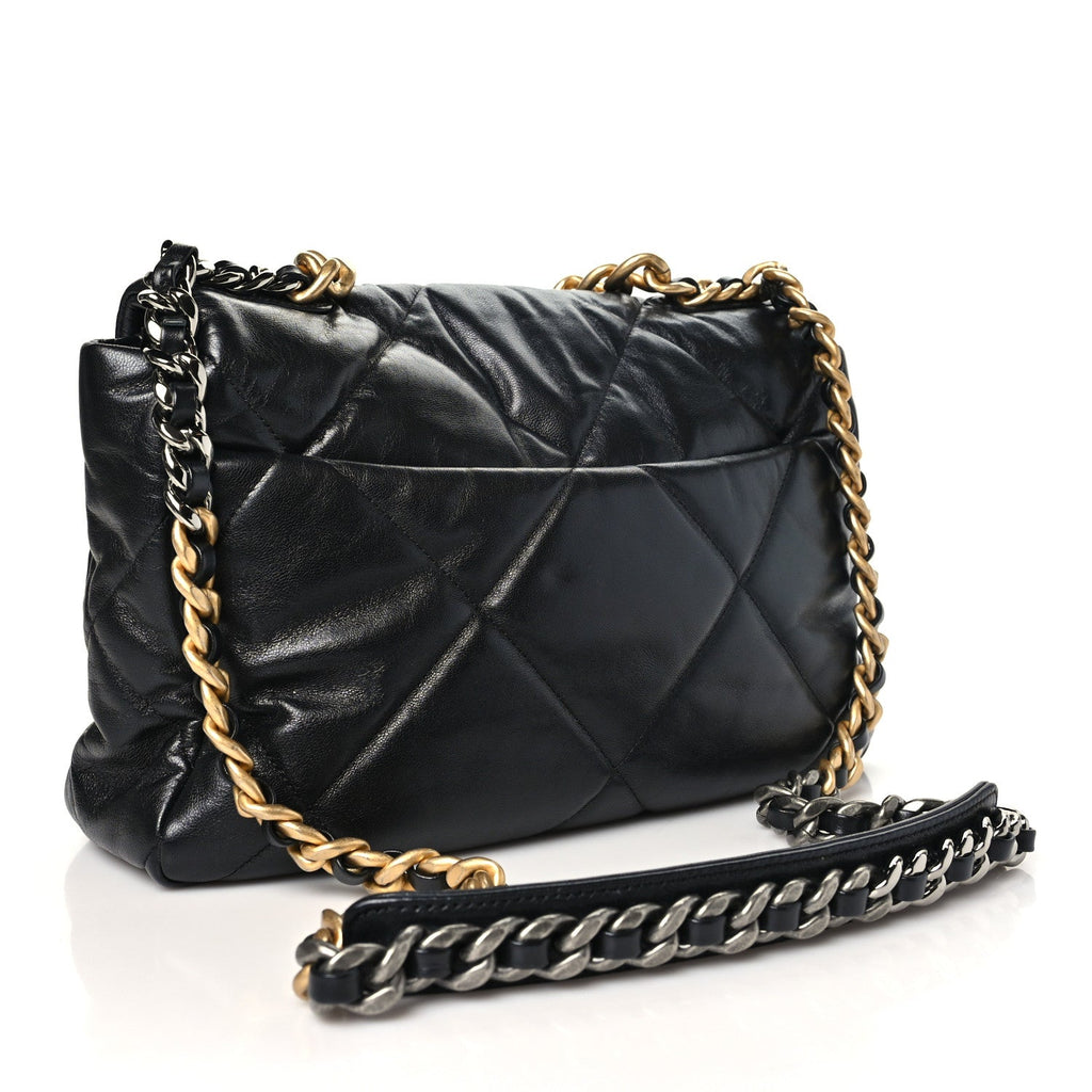 Shiny Goatskin Quilted Large Chanel 19 Flap Black