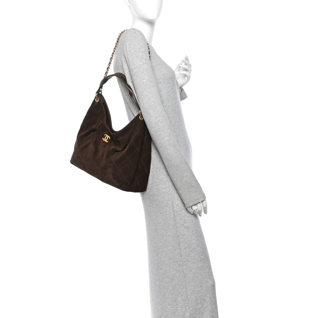 Suede Calfskin Lambskin Quilted Large Maxi Hobo Dark Brown