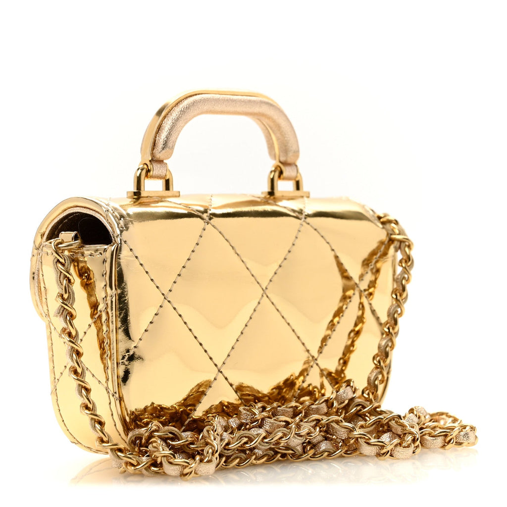 Mirror Metallic Calfskin Quilted Mini Top Handle Flap Gold