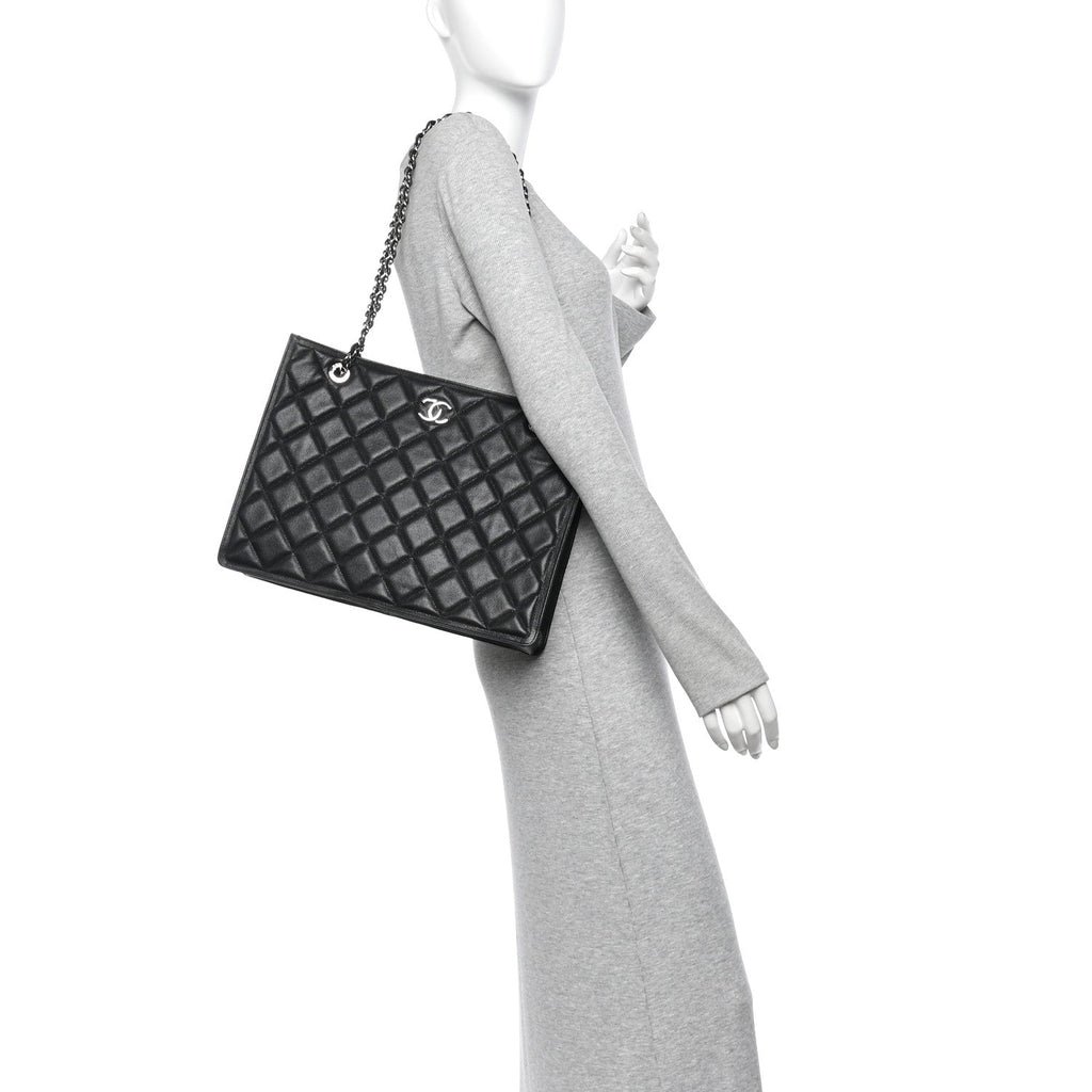 Caviar Quilted Large Shopping Tote Black