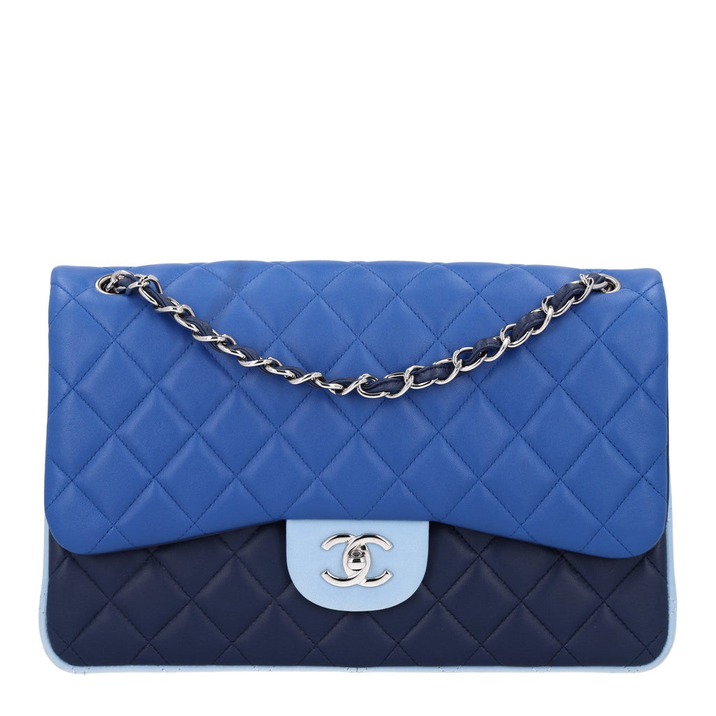 Lambskin Quilted Tri-Color Jumbo Double Flap Blue