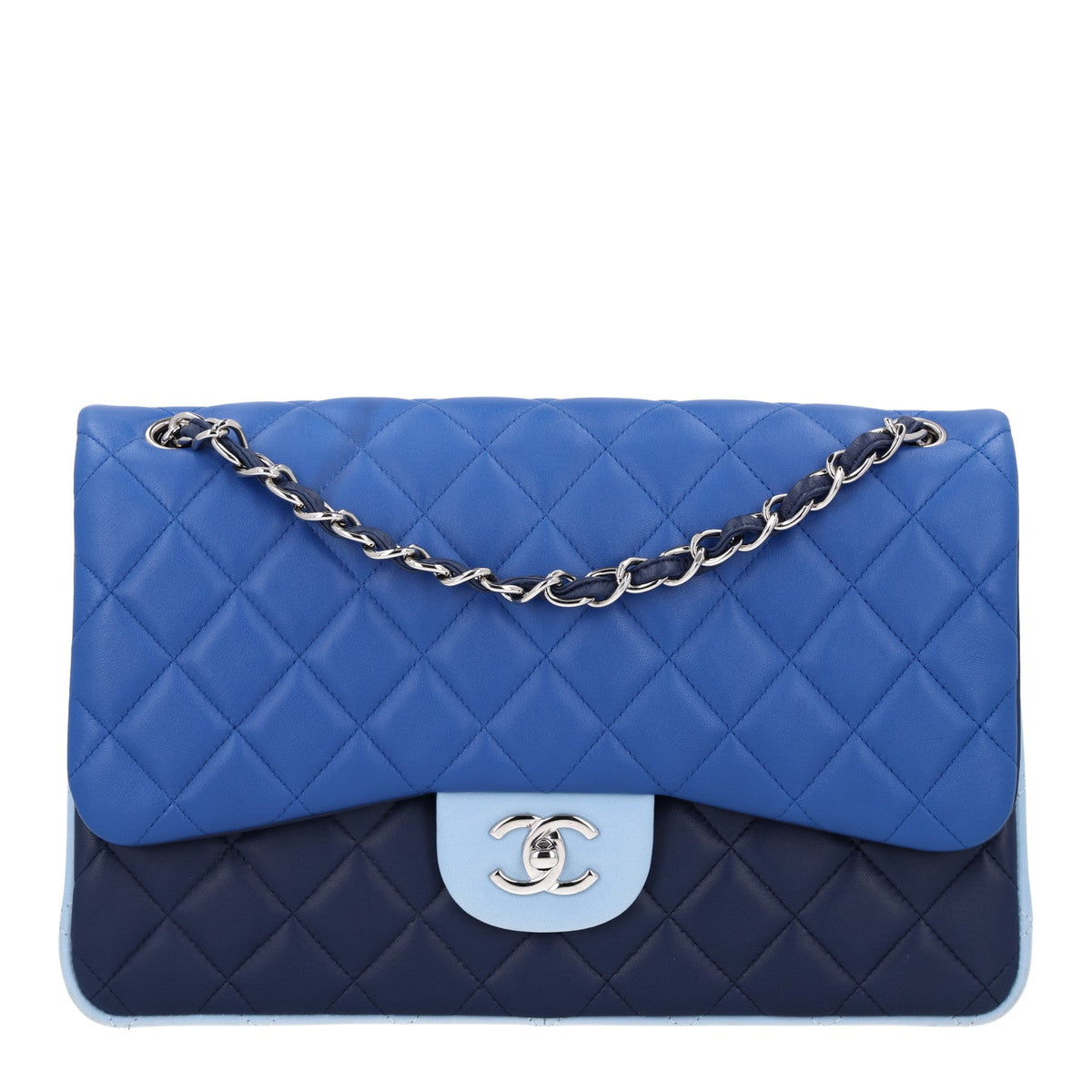 Lambskin Quilted Tri-Color Jumbo Double Flap Blue