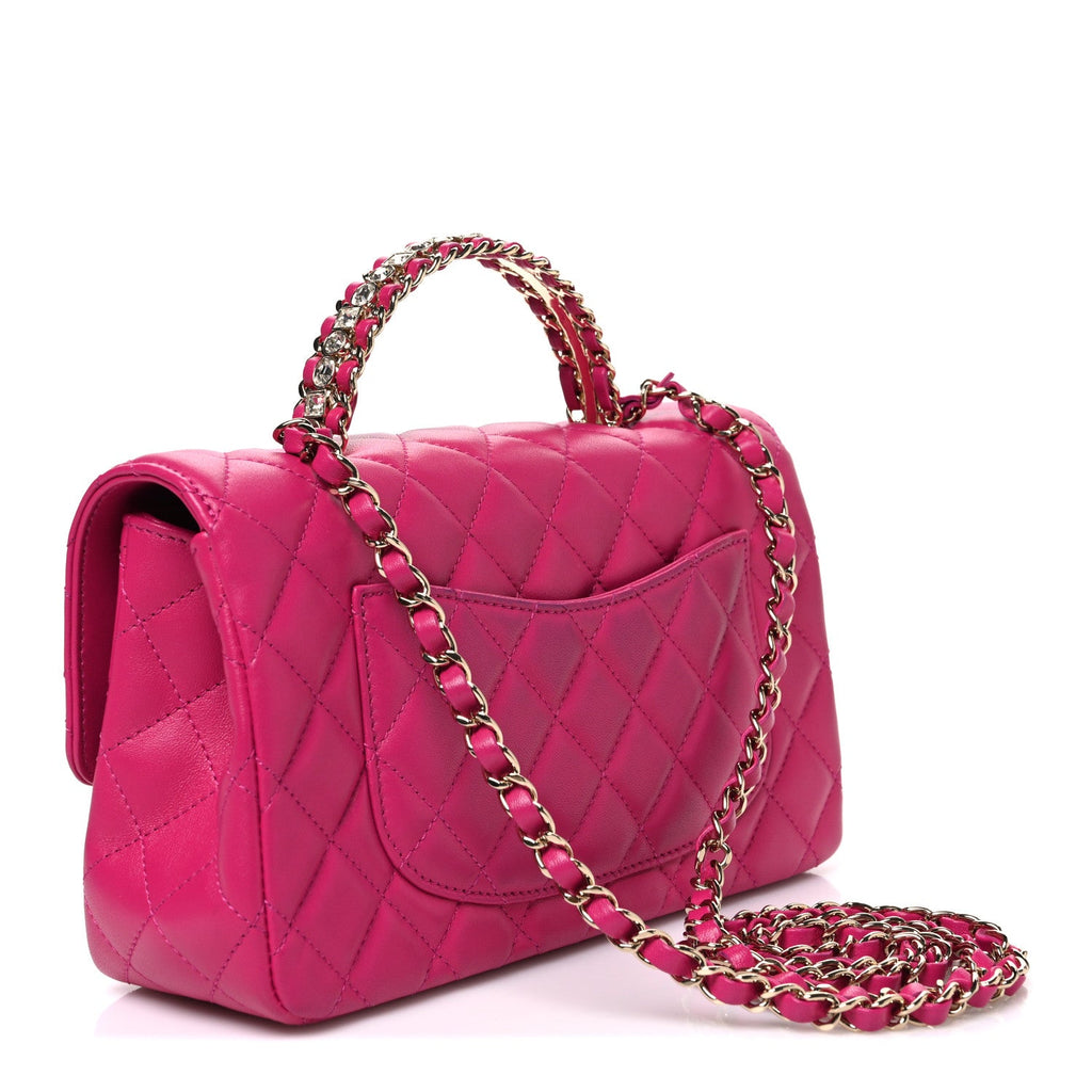 Lambskin Quilted Medium Crystal Top Handle Rectangular Flap Dark Pink