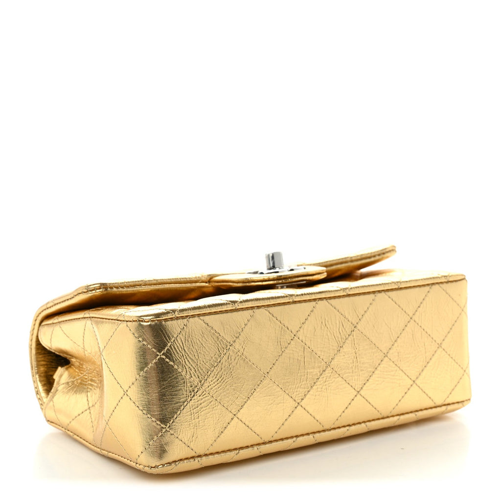Metallic Crumpled Calfskin Quilted Mini Rectangular Flap Gold
