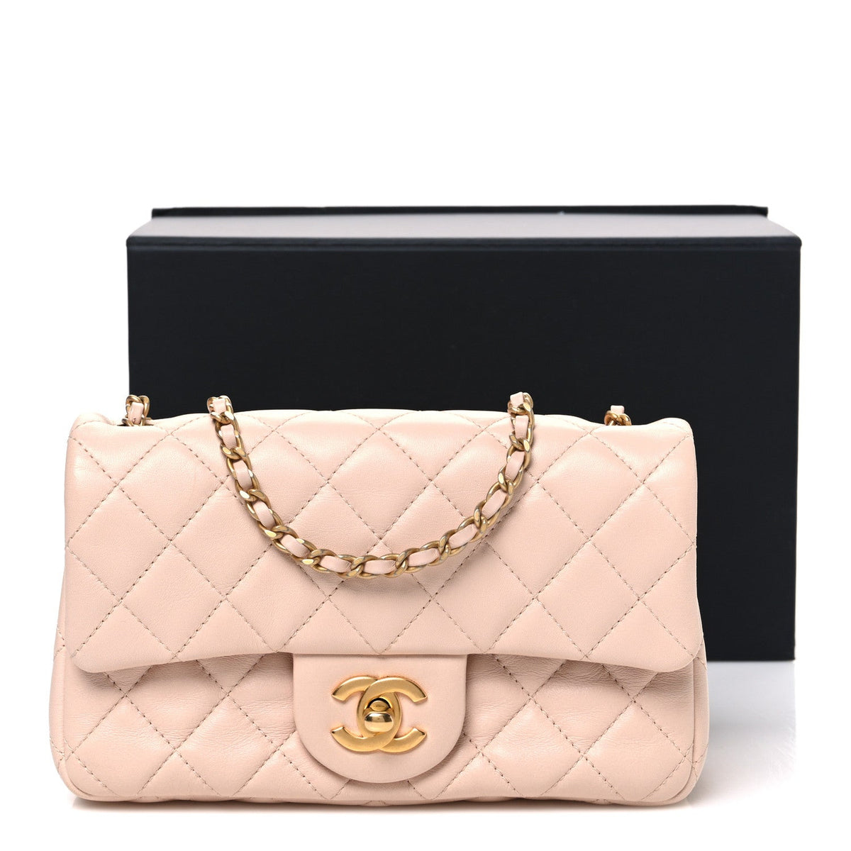 Lambskin Quilted Mini Rectangular Pearl Crush Flap Beige