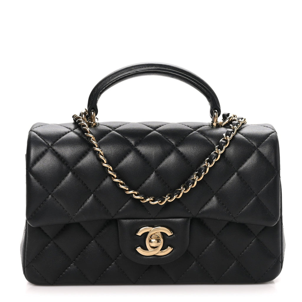 Lambskin Quilted Mini Top Handle Rectangular Flap Black