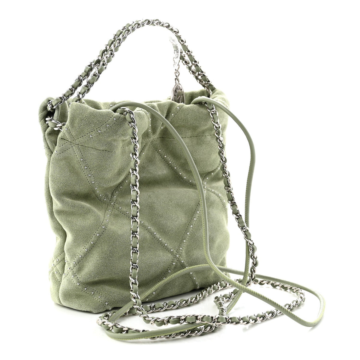 Suede Stitched Quilted Studded Mini Chanel 22 Light Green